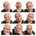 A set of emotional images of a bald middle-aged man. White background. Square format Royalty Free Stock Photo