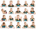 Set of emotional images of a boy with big blue eyes in a bright T-shirt, collage, close-up, white background