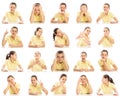 Set of emotional pictures of a teenager girl in a yellow T-shirt, collage. Close-up, white background