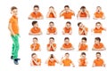 Set of emotional portraits of a cute school-age boy in bright clothes. Collage from different grimaces. Isolated white background Royalty Free Stock Photo