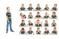 Set of emotional portraits of a cute school-age boy in bright clothes. Collage from different grimaces. Isolated white background