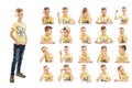 Set of emotional portraits of a cute school-age boy in bright clothes. Collage from different grimaces. Isolated white background