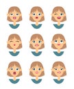 Set of emotional women emoji. Cartoon style illustration female emoticon. Isolated Hand drawn vector facial expression. Gestures