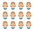 Set of emotional women emoji. Cartoon style illustration female emoticon. Isolated Hand drawn vector facial expression. Gestures