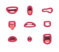 Set of emotional women lips. Cartoon style illustration female mouth. Isolated Hand drawn vector facial expression. Pink lipstick