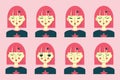 Set of emotions asian girl with pink hair cheerful sad surprised lover face. Emotional manifestation on the face of a teenager