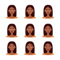 Set of emotions of beautiful dark skinned girl with dark hair. Set of different female emotions, vector illustration