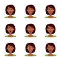 Set of emotions of beautiful dark skinned girl with dark hair. Set of different female emotions, vector illustration