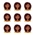 Set of emotions of beautiful dark skinned girl with dark hair. Set of different female emotions, vector illustration