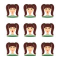 Set of emotions of beautiful girl with dark hair. Set of different female emotions, vector illustration