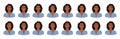 Set of emotions of black woman with curly hair. Variations of female facial expressions. Smile, happy, cheerful, surprised, sad,