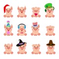 Set of emotions of funny pigs in hats for different holidays. Cartoon character, smiles, symbol of the year of the boar, sticker,