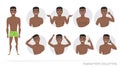 Set of emotions and gestures to the young black african american man.