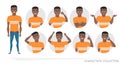 Set of emotions and gestures to the young black african american man.