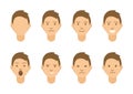 A set of emotions. 8 types of male faces. Different moods vector images.