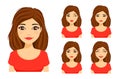 Set of emotions. Young cute girl shows different emotions. Flirting, kissing, angry, funny, unhappy Royalty Free Stock Photo