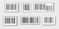 Set of empty barcode stickers with shadows isolated on transparent background. Bar code label templates. Visual data Royalty Free Stock Photo