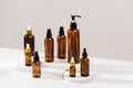 Set of empty brown transparent spray bottles Royalty Free Stock Photo