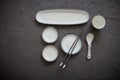 Set of empty ceramic dishes for sushi and rolls on a black stone table Royalty Free Stock Photo