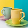 Set of empty colorful ceramic cups for coffee isolated on a colored background. Royalty Free Stock Photo
