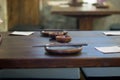 Set of empty dish on table in asian restaurant Royalty Free Stock Photo