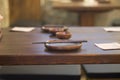 Set of empty dish on table in asian restaurant Royalty Free Stock Photo