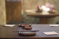 Set of empty dish on table in asian restaurant Royalty Free Stock Photo