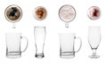 Set with empty and full of beer glasses on background Royalty Free Stock Photo