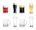 Set with empty and full of beer glasses on background Royalty Free Stock Photo