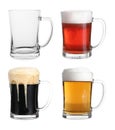 Set with empty and full of beer glasses on background Royalty Free Stock Photo