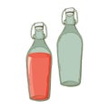 Set of empty glass bottle and with pink drink in vector. Fruit or berry juice. Homemade preparations of fruits and berries.