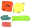 Set of empty grungy adhesive price stickers, multicolored price tags, with free copy space, isolated on white background Royalty Free Stock Photo