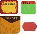 Set of empty grungy adhesive price stickers, ripped discount stickers with free copy space, rising prices concept, vector illustra