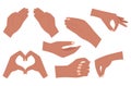 A set with empty human hands. The hand holds, gives, depicts a heart gesture, holds with two fingers, a pinch gesture. Cartoon