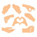 A set with empty human hands. The hand holds, gives, depicts a heart gesture, holds with two fingers, a pinch gesture. Cartoon