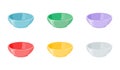 Set of empty multi-colored deep bowls. Vector illustration of plate for soup, rice or porridge.