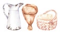 A Set of empty packages and Vases for bouquets of flowers. Watercolor illustration of wicker Basket and craft paper wrap