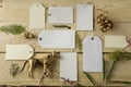 Set of empty paper price tags, wooden background