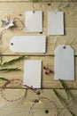 Set of empty paper price tags, wooden background