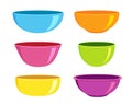 Set of empty plastic or ceramic bowls of different forms on white background. Colourful dishware for breakfast or dinner. Vector