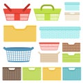 Set of empty plastic containers and baskets for the bathroom or shops. Plastic boxes for laundry and storage of objects Royalty Free Stock Photo