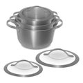 Set of empty steel pots with lids. Royalty Free Stock Photo