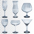 Set of empty transparent glass goblets for different drinks