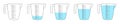 Set of empty and water filled measuring cups with 1 liter volume. Liquid containers for cooking with fluid capacity