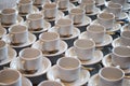 Set of Empty white ceramic tea or coffee cup and saucers, top vi Royalty Free Stock Photo