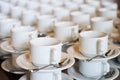 Set of Empty white ceramic tea or coffee cup and saucers, top vi Royalty Free Stock Photo