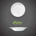 Set of empty white plate on the grey background. Vector illustration