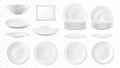 Set of empty white porcelain plates different form and size isolated on white background. Square, round, oval, plates and soup Royalty Free Stock Photo