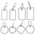 Set of empty white price tags in different shapes. Blank paper labels with string mockup isolated on grey background. luggage tag Royalty Free Stock Photo