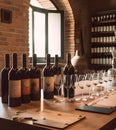 Set of empty wine glasses and bottles of red white and rose wines on wooden table in winery interior. Illustration of wine Royalty Free Stock Photo